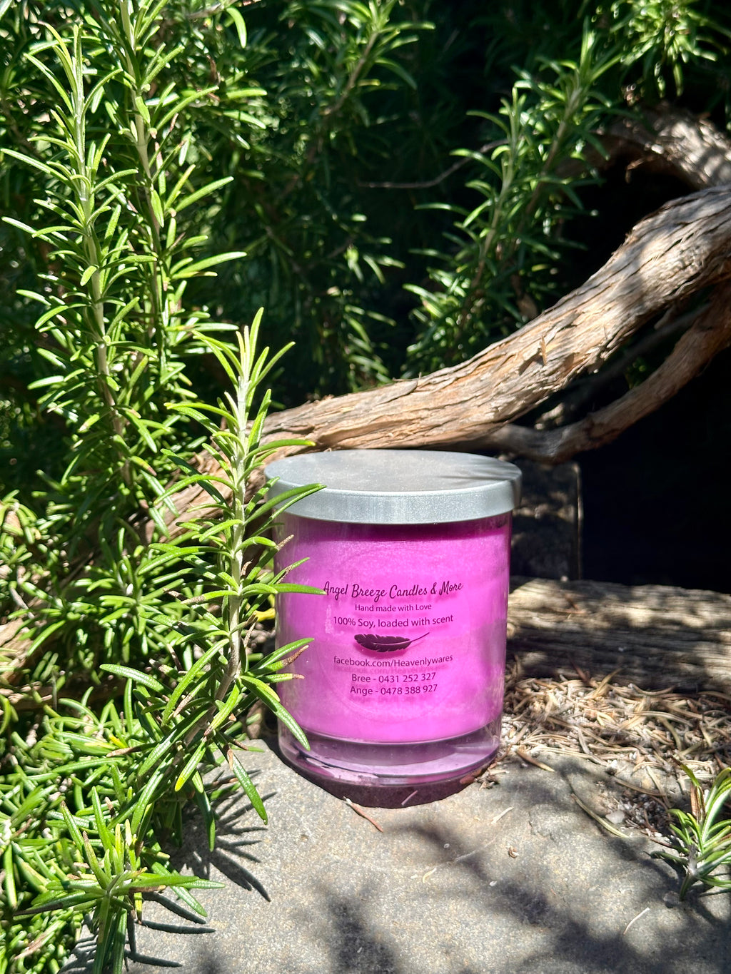 Black Raspberry and Vanilla vegan soy candle nestled in rosemary bush