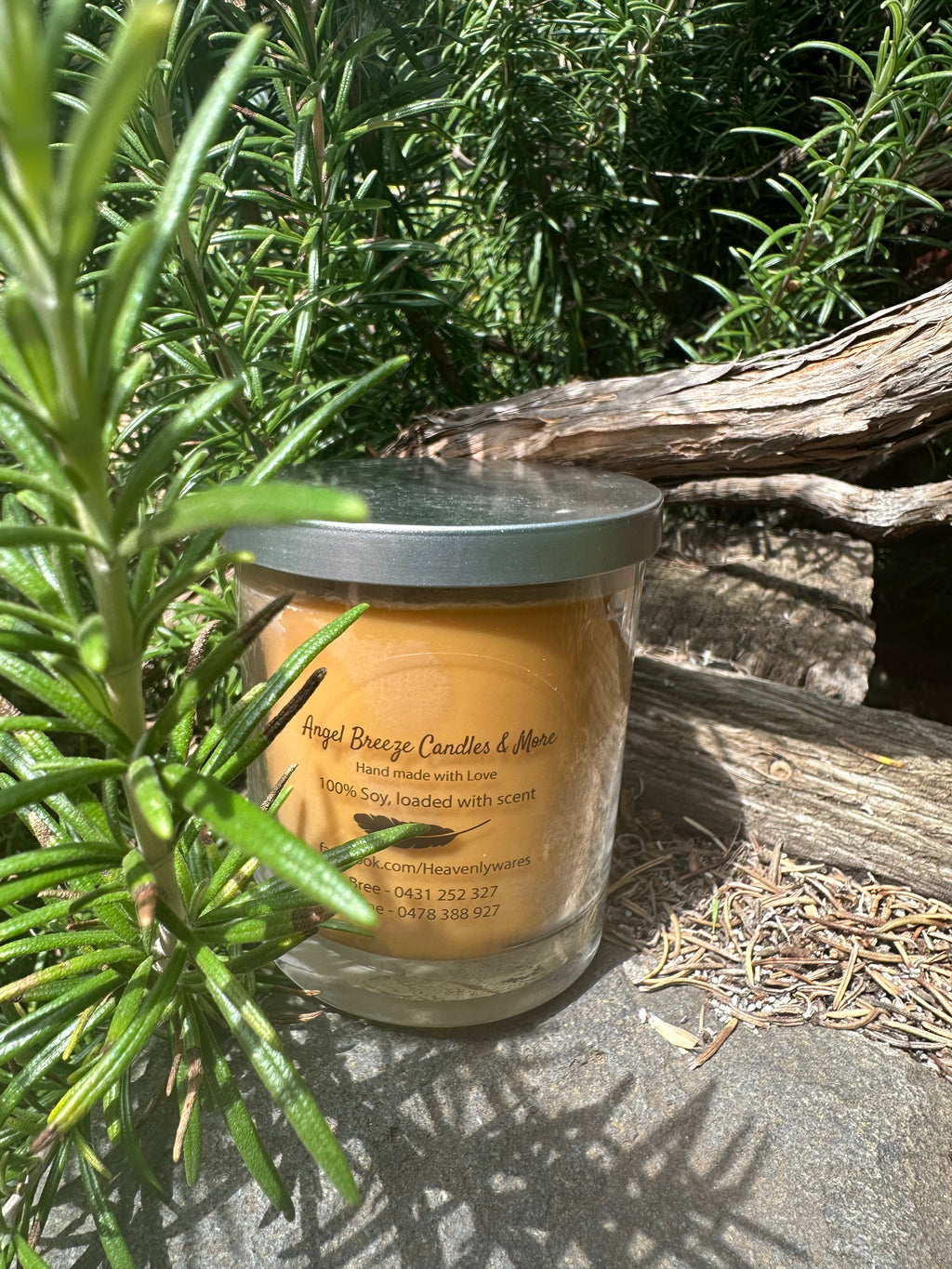 Coffee vegan soy candle nestled in rosemary bush