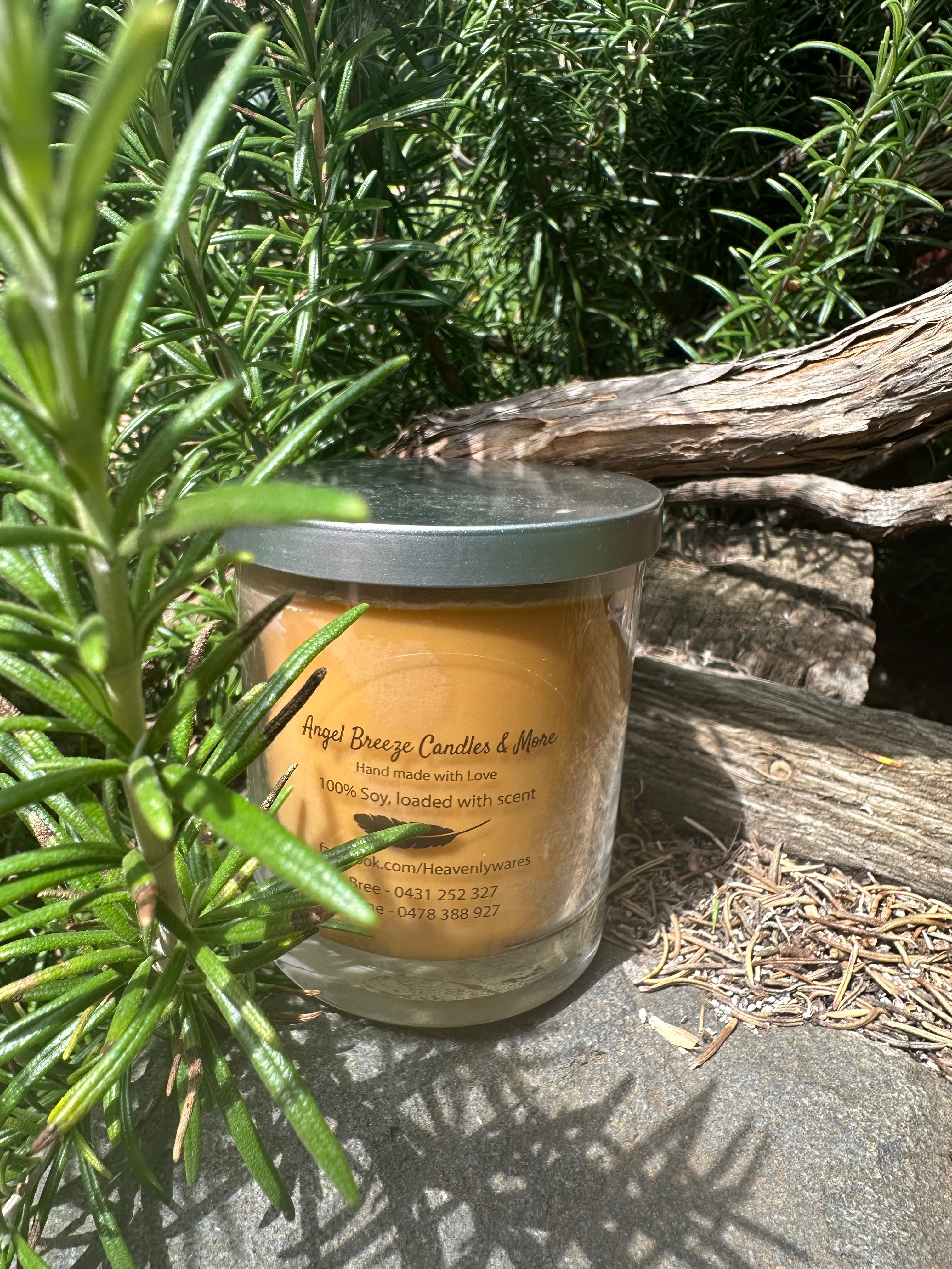Coffee vegan soy candle nestled in rosemary bush