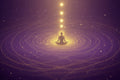 Meditation illustration with a person sitting in a lotus position surrounded by concentric circles of light on a dark background. Representing Holistic Counseling 