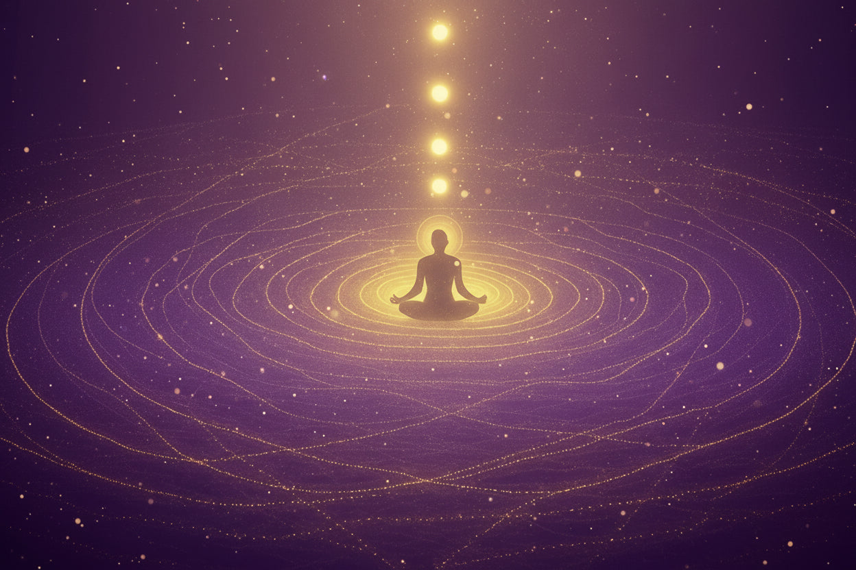 Meditation illustration with a person sitting in a lotus position surrounded by concentric circles of light on a dark background. Representing Holistic Counseling 