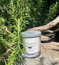 Lavender Essential Oil vegan soy candle nestled in rosemary bush