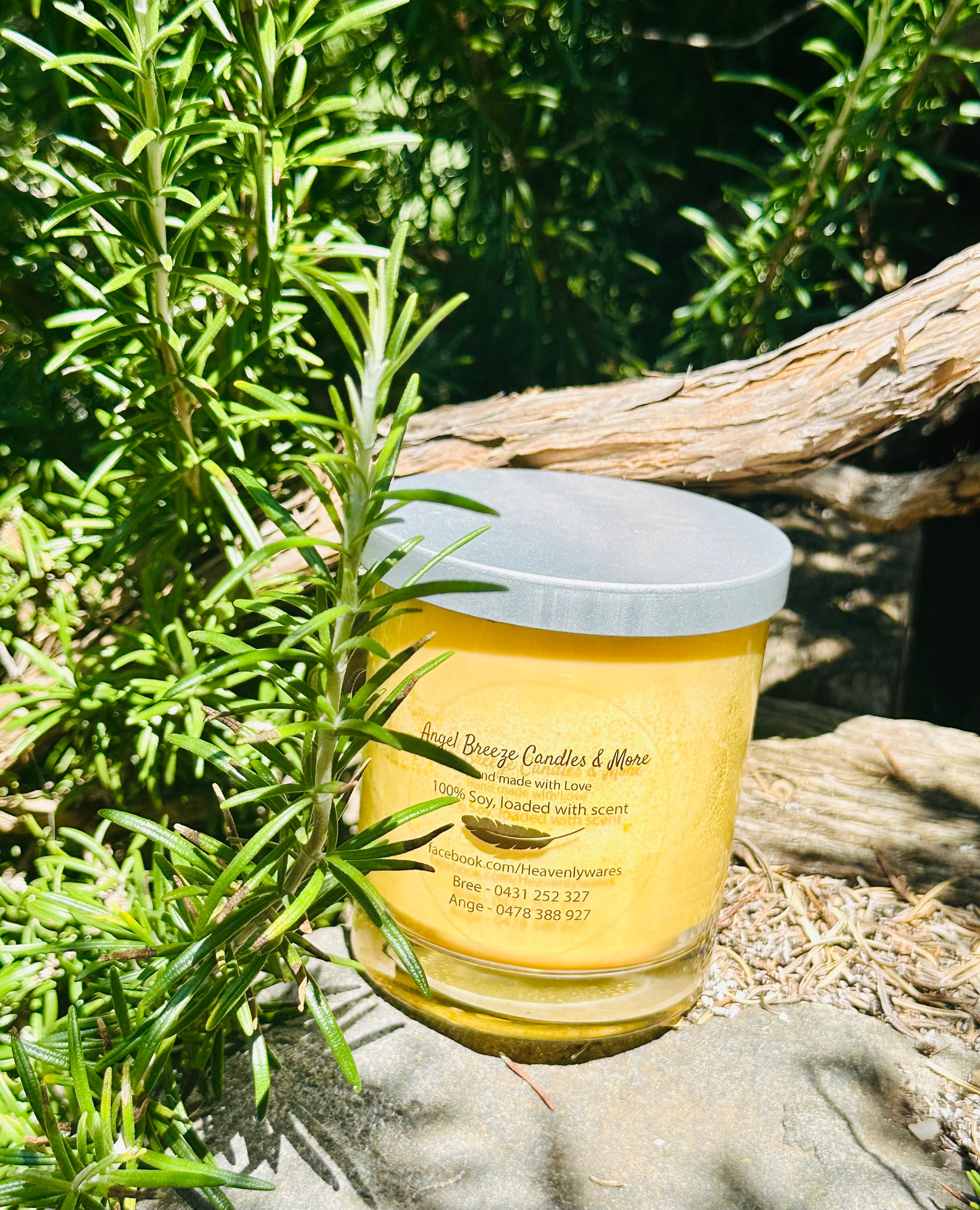 Saigon vegan soy candle nestled in rosemary bush
