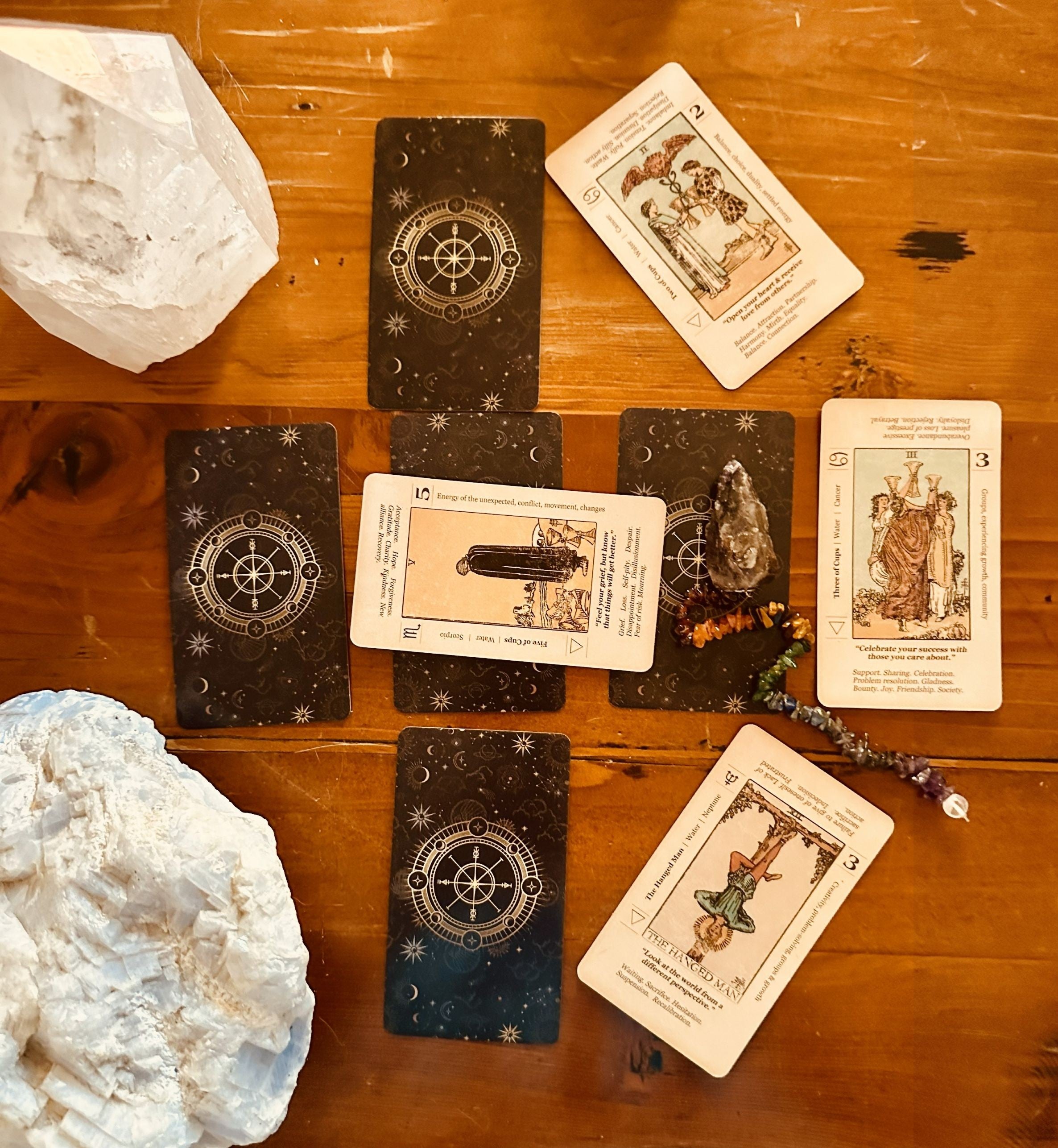 Celtic Cross spread with tarot, crystal anchors, and pendulum for full intuitive insights.