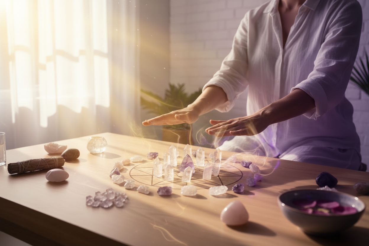 Person performing a ritual with crystals and bowls on a table, sunlit room